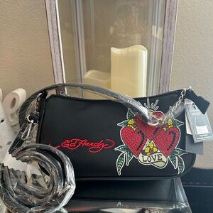Ed Hardy Black Crossbody Bag with Heart and Love Motif